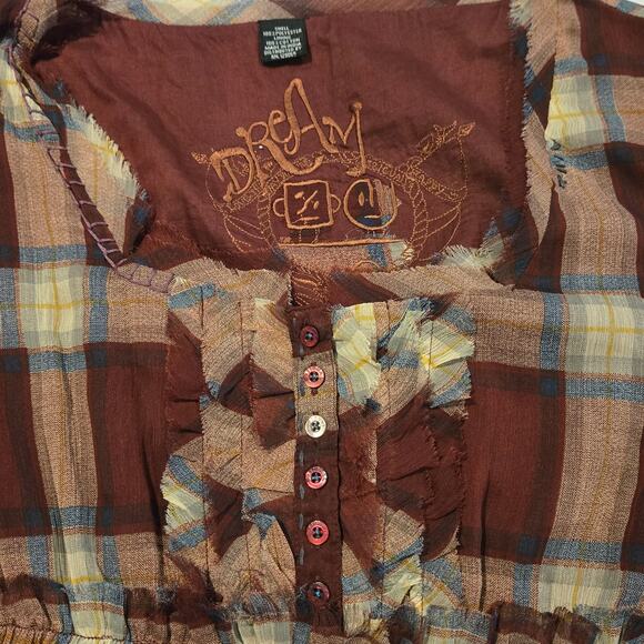 Desigual Empire-Waist Burgundy Plaid Embroidered Fringe Peasant Top Tunic -Sz L - Picture 5 of 15